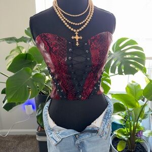 Red and Black Lace-Up Corset Top